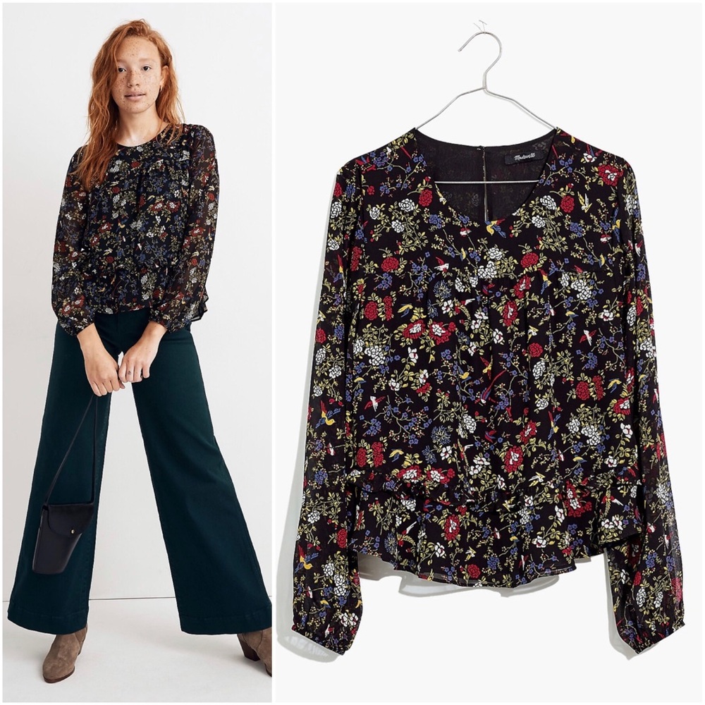 MADEWELL Sheer Sleeve Ruffle Peplum Top in Finch Floral Print Blouse Black Small